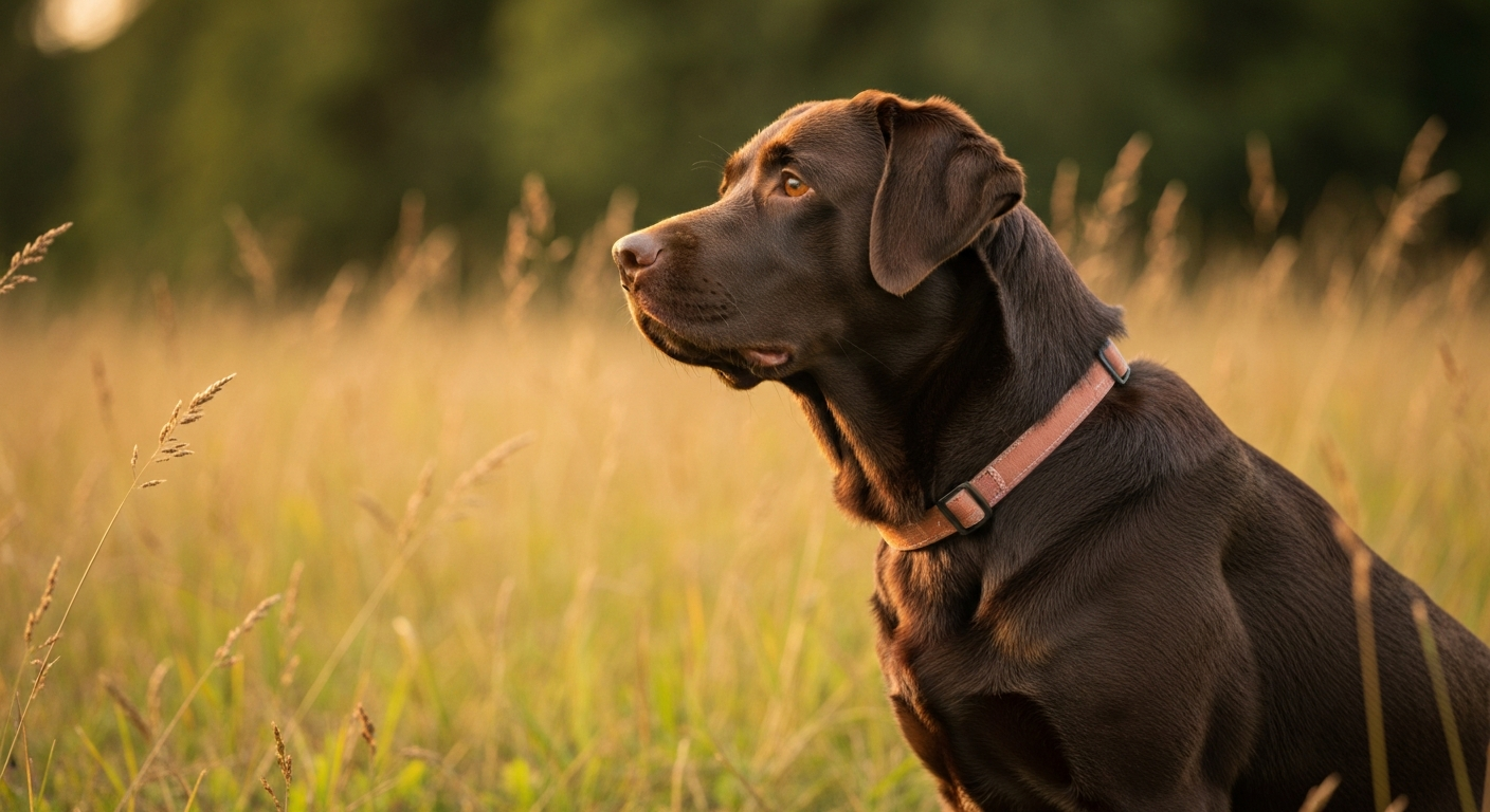 Healthy chocolate Labrador Retriever outdoors — Bone & Harvest raw feeding guide for Labradors