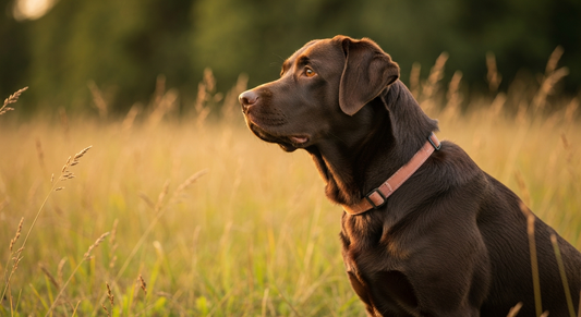 Healthy chocolate Labrador Retriever outdoors — Bone & Harvest raw feeding guide for Labradors