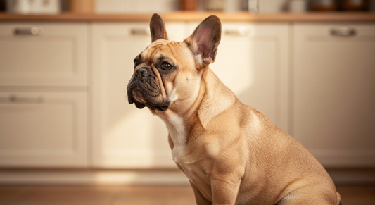 Happy French Bulldog in a sunlit kitchen — Bone & Harvest raw feeding guide for French Bulldogs